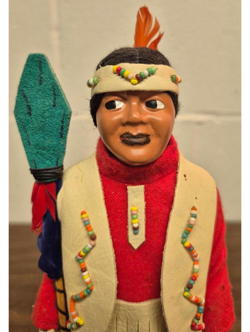 Vintage Native American Indian Figurine with Beaded Clothing and Feathered Heir
